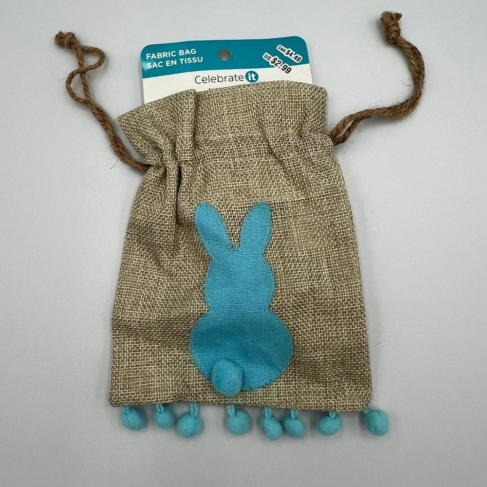 Celebrate It Easter Fabric Bag Kids OS Tan Blue Brand New Bunny Burlap Pouch